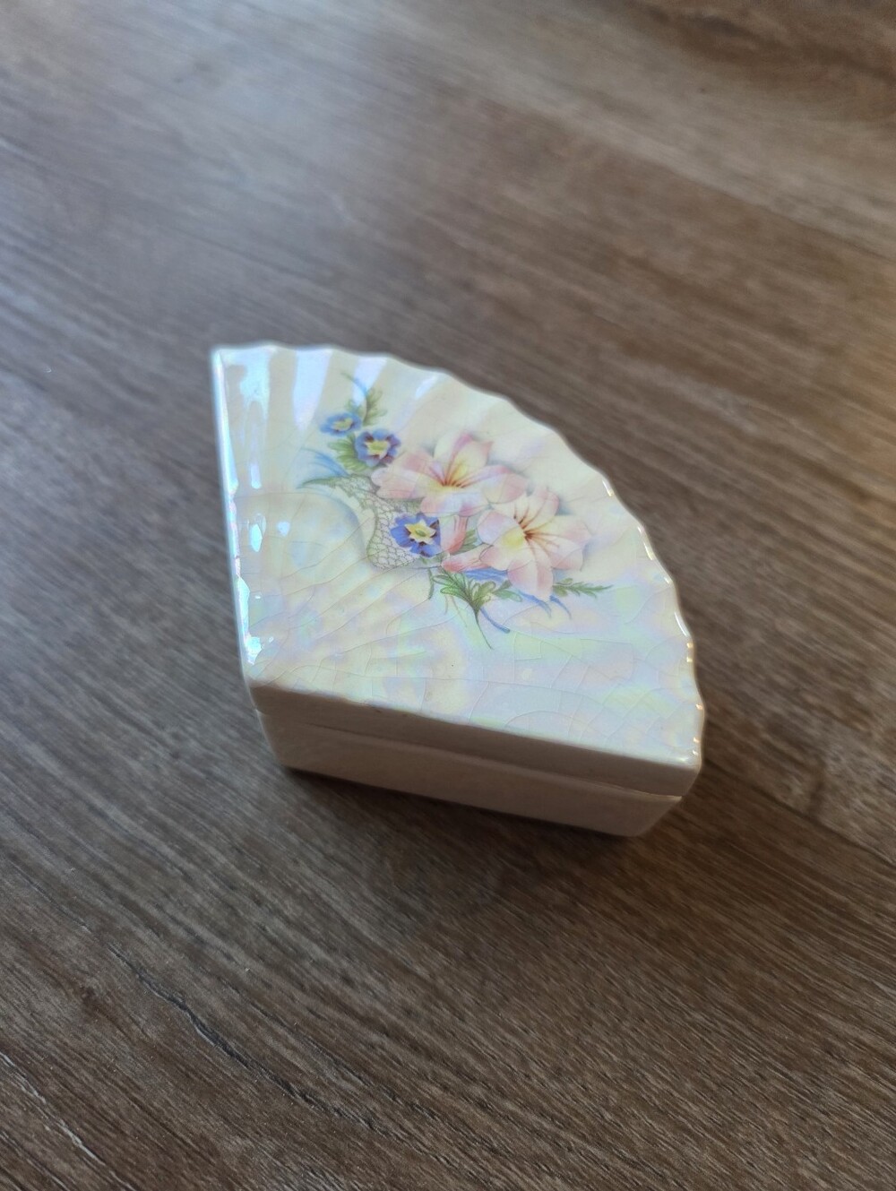 Vintage Fan Shaped Porcelain Ceramic Trinket Box, Floral Art Print